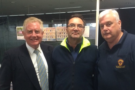 Peter Haylan from the Prostate Cancer Foundation meets with Servet Ildes from the Leichhardt Depot, and Assistant Branch Secretary Dave Woollams.